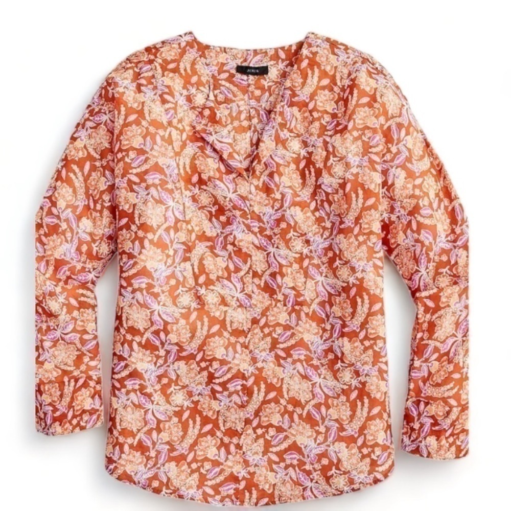 J.Crew Orange Floral Tunic Top Size S Boho Lightweight Long Sleeve